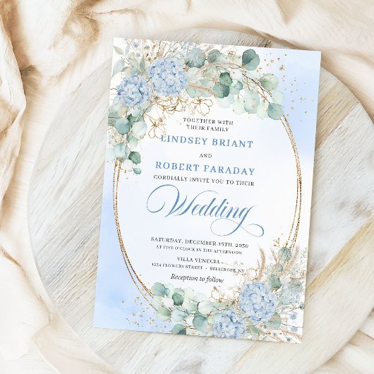 Pastel Blue Hydrangea Wheat Elegant Wedding Invite Einladung
