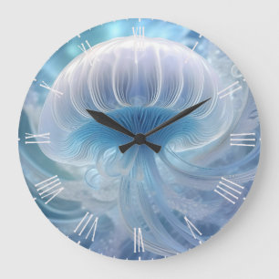 Pastel Blue Jellyfish Fraktal Kunst im Wasser Große Wanduhr
