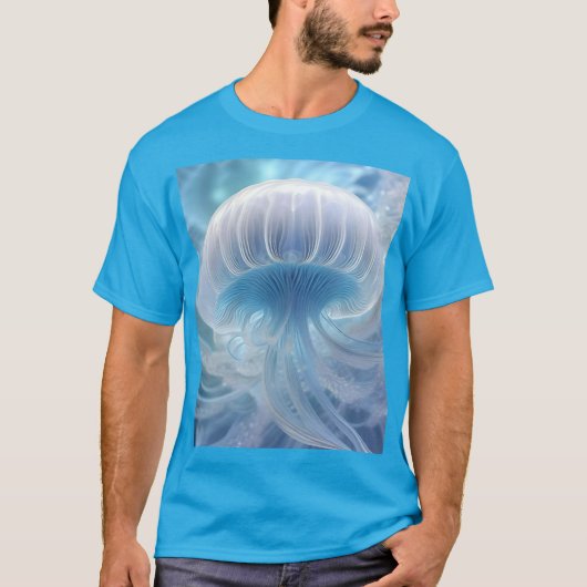Pastel Blue Jellyfish Fraktal Kunst im Wasser T-Shirt (Vorderseite)