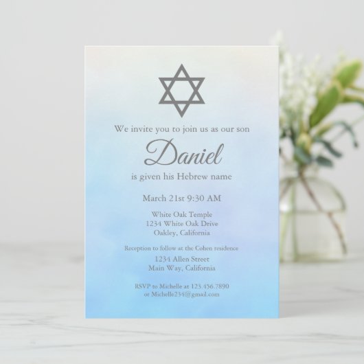 Pastel Blue Jewish Baby Namemony Zeremony Brit Mil Einladung (Stehend Vorderseite)