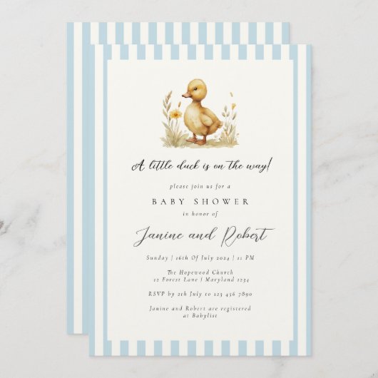 Pastel Blue Little Duck ist auf der Way Baby Dusch Einladung (Vorne/Hinten)