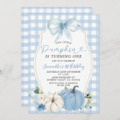 Pastel Blue Little Pumpkin Gingham 1. Geburtstag Einladung (Vorne/Hinten)