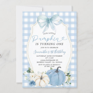 Pastel Blue Little Pumpkin Gingham 1. Geburtstag Einladung