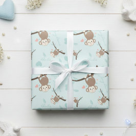 Pastel Blue Monkey Valentine Wrapping Paper  Geschenkpapier