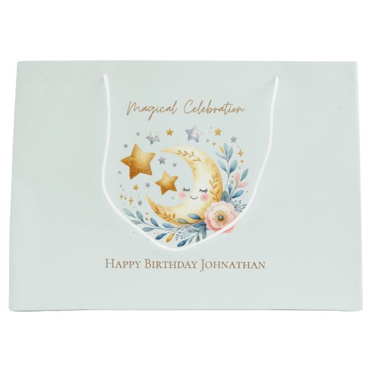 Pastel Blue Niedlich Moon 1. Geburtstag Große Geschenktüte (Vorderseite)