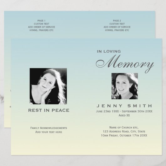 Pastel Blue Ombré Order of Service Funeral Program (Vorne/Hinten)