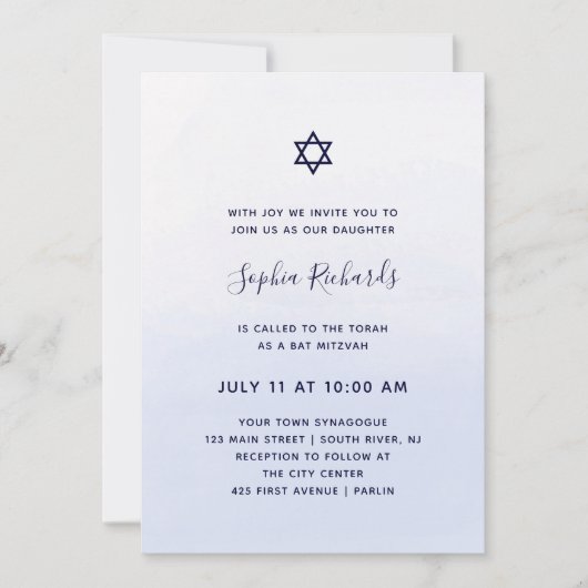 Pastel Blue Ombre Watercolor | Bat Mitzvah Einladung (Vorderseite)