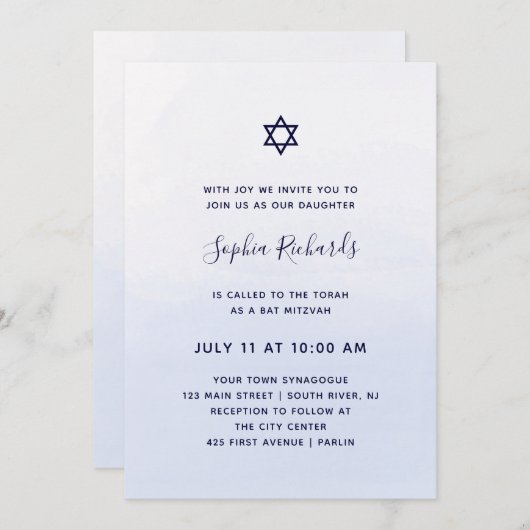 Pastel Blue Ombre Watercolor | Bat Mitzvah Einladung (Vorne/Hinten)