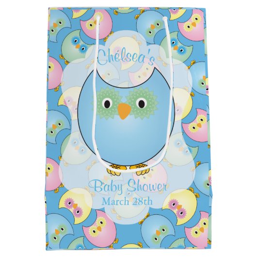 Pastel Blue Owl Baby Showthema Mittlere Geschenktüte (Rückseite)