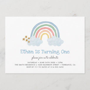 Pastel Blue Pastel Rainbow 1. Geburtstag Einladung