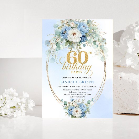 Pastel Blue Peonies Gold 60th Birthday Invitation Einladung