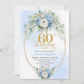 Pastel Blue Peonies Gold 60th Birthday Invitation Einladung (Vorderseite)