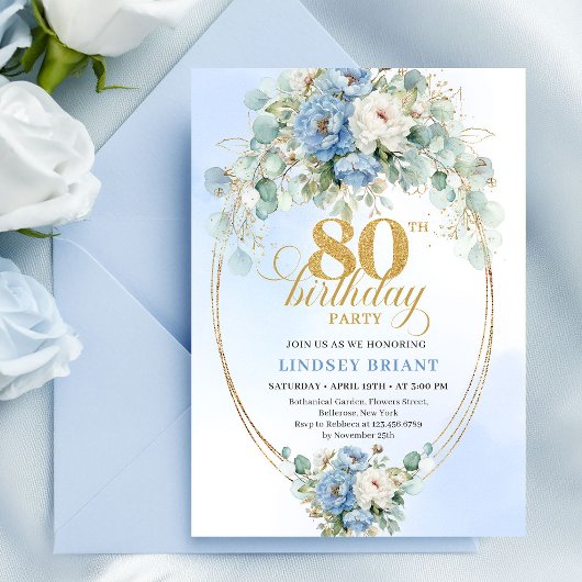 Pastel Blue Peonies Greenery Boho 80th Invite Einladung