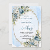 Pastel Blue Peonies Greenery Gold Wedding Invite Einladung (Vorderseite)