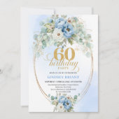 Pastel Blue Peony Gold 60th Birthday Invitation Einladung (Vorderseite)