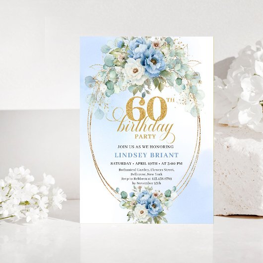 Pastel Blue Peony Gold 60th Birthday Invitation Einladung