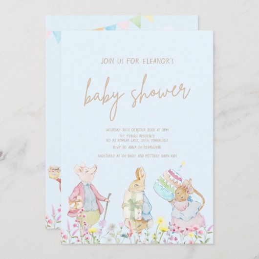 Pastel Blue Peter der Rabbit Friends Baby Dusche Einladung (Vorne/Hinten)