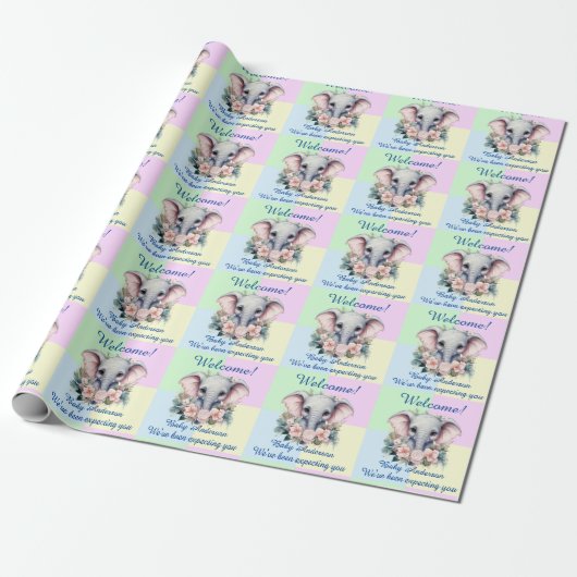 Pastel Blue Pink Babydusche hinzufügen Elephant Geschenkpapier (Ungerollt)