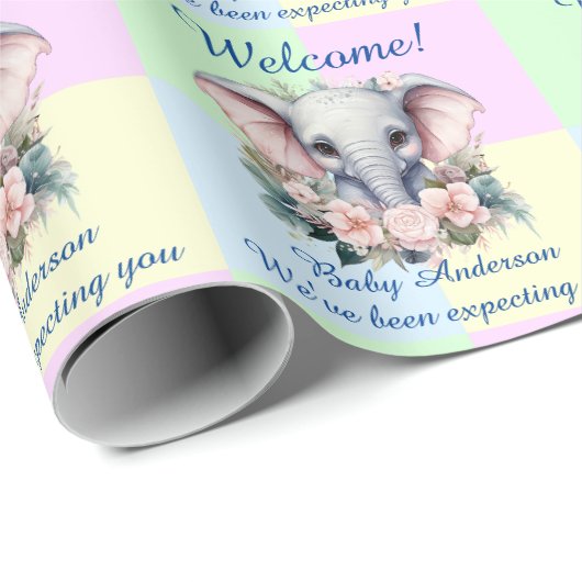 Pastel Blue Pink Babydusche hinzufügen Elephant Geschenkpapier (Rolleneckpunkt)