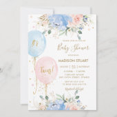 Pastel Blue Pink Blütenballons Twins Baby Dusche Einladung (Vorderseite)
