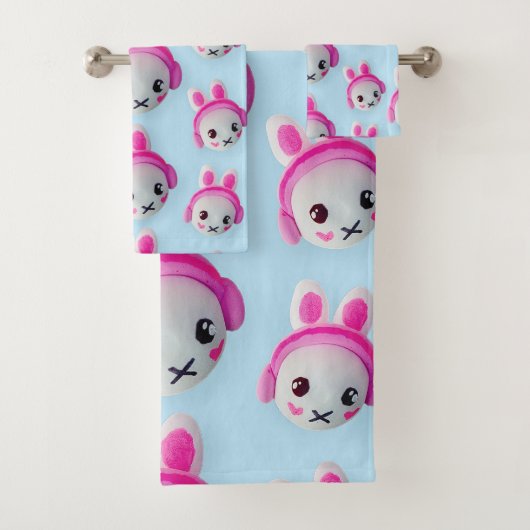 Pastel Blue & Pink Cartoon Bunny Towel Badhandtuch Set (Insitu)