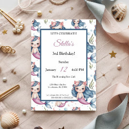 Pastel Blue Pink Cat Mermaid Girl Birthday Party Einladung