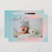 Pastel Blue Pink Gradient Script Baby Birth Foto Dankeskarte (Vorne/Hinten)