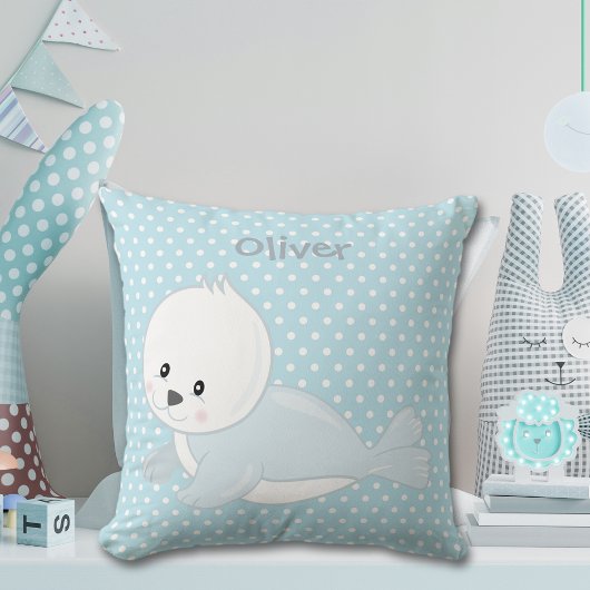 Pastel Blue Polka-Dot Baby Arctic Seal Monogram Kissen