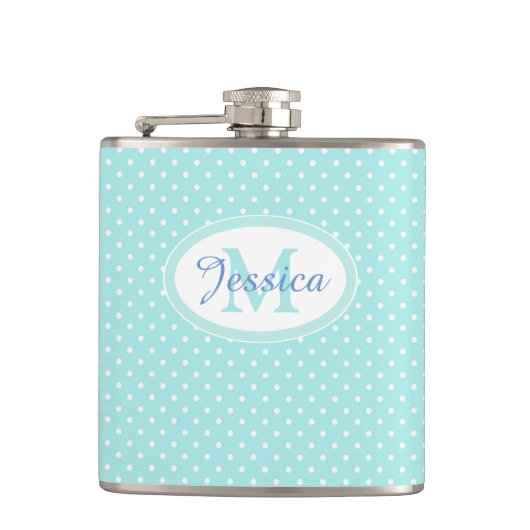 Pastel Blue Polka Dot Personalisiert Flachmann (Vorderseite)