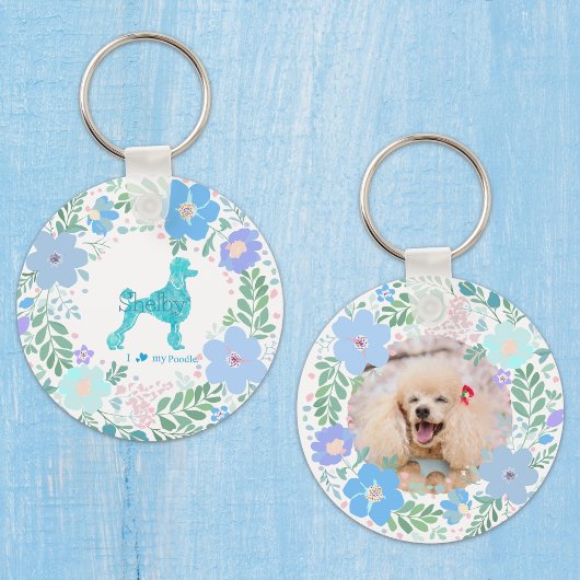 Pastel Blue Poodle Custom Floral Name & Photo Schlüsselanhänger
