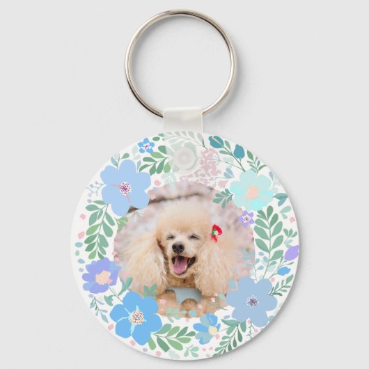 Pastel Blue Poodle Custom Floral Name & Photo Schlüsselanhänger (Rückseite)
