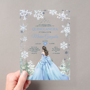 Pastel Blue Princess Winter Forest Quinceañera Acryleinladungen