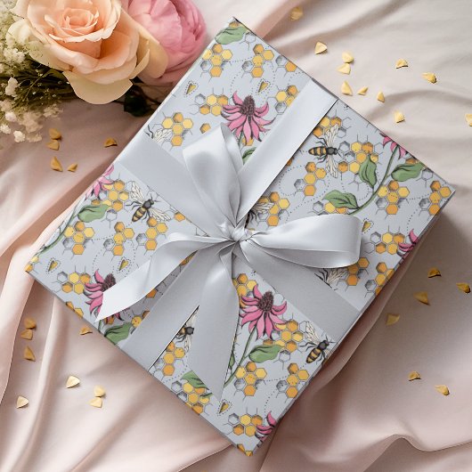 Pastel Blue Queen Bee, Honeycomb & Exotic Blume Geschenkpapier