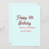 Pastel blue red happy 16th birthday name date eleg einladung (Vorne/Hinten)
