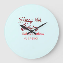 Pastel blue red happy 16th birthday name date eleg große wanduhr