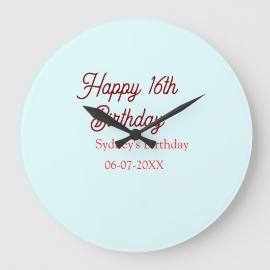 Pastel blue red happy 16th birthday name date eleg große wanduhr (Vorderseite)