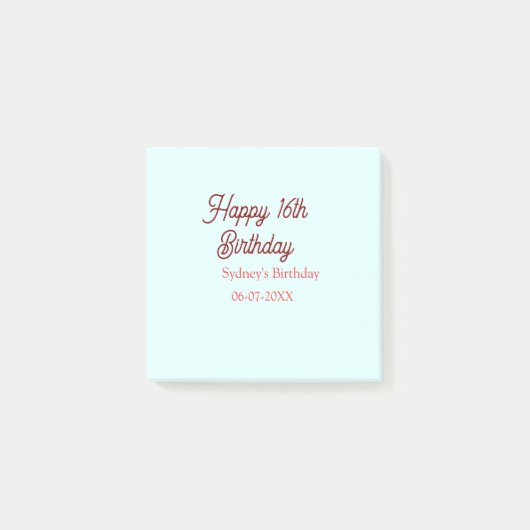 Pastel blue red happy 16th birthday name date eleg post-it klebezettel (Vorderseite)