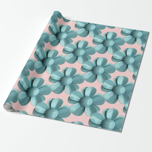 Pastel Blue Retro Daisy MOD Blume Wedding Pink Geschenkpapier (Ungerollt)