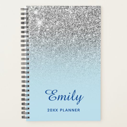 Pastel Blue Silver Glitzer Ombre Personalisiert Planer (Vorderseite)