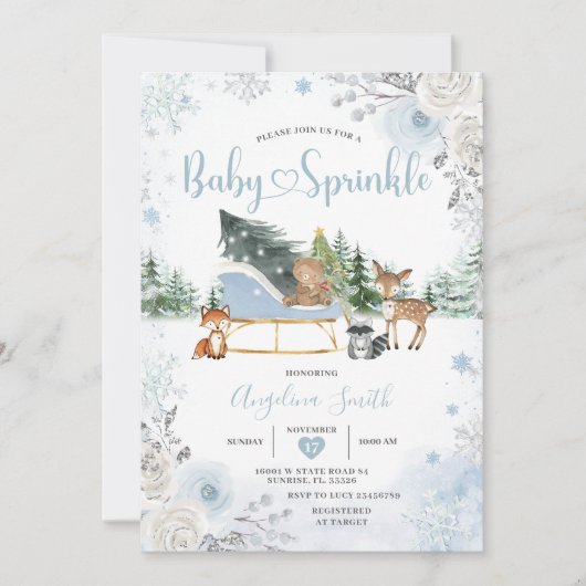 Pastel Blue Sleigh Winter Animals Baby Sprinkle Einladung (Vorderseite)