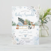 Pastel Blue Sleigh Winter Animals Baby Sprinkle Einladung (Stehend Vorderseite)
