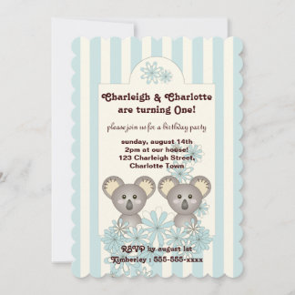 Pastel Blue Stripe Baby Koala Twin Kindergeburtsta Einladung