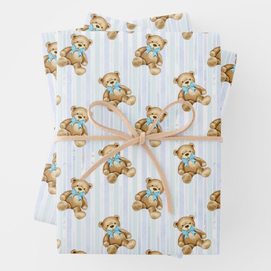 PASTEL BLUE STRIPES & BABY BOY TEDDY BEARS GESCHENKPAPIER SET (Beispiel)