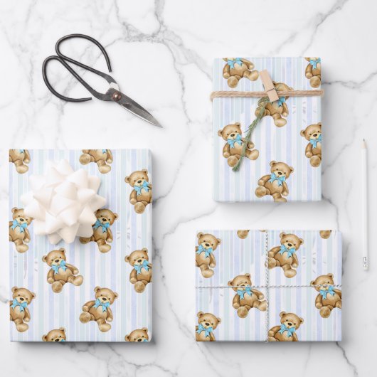 PASTEL BLUE STRIPES & BABY BOY TEDDY BEARS GESCHENKPAPIER SET (Vorderseite)