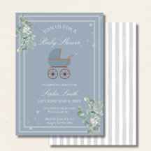 Pastel Blue Stripes Baby Carriage Baby Shower