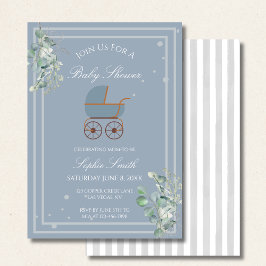 Pastel Blue Stripes Baby Carriage Baby Shower Einladung