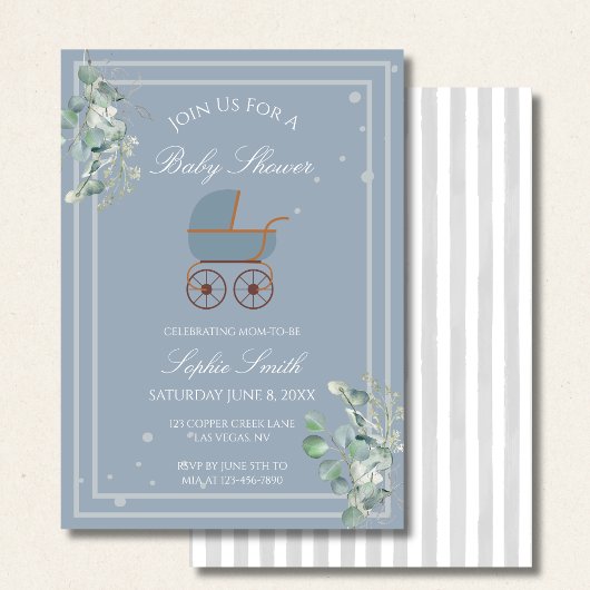 Pastel Blue Stripes Baby Carriage Baby Shower Einladung