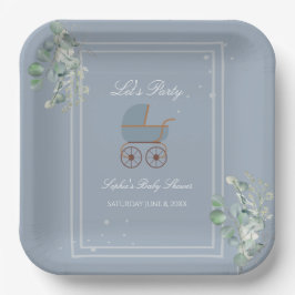 Pastel Blue Stripes Baby Carriage Baby Shower Pappteller