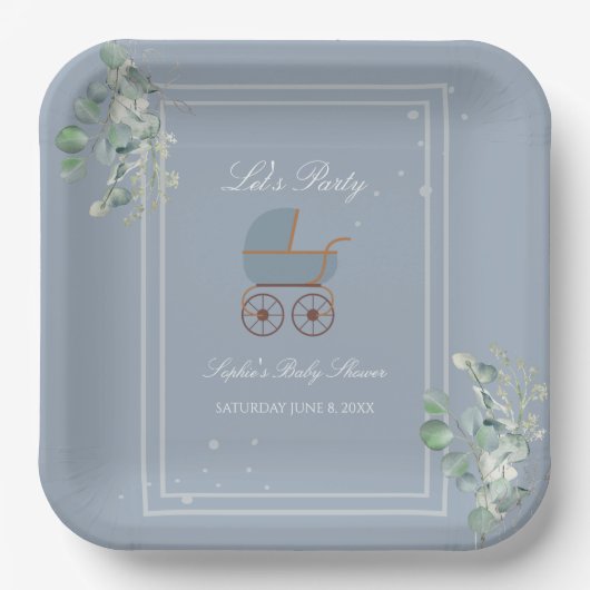 Pastel Blue Stripes Baby Carriage Baby Shower Pappteller (Vorderseite)