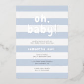 Pastel Blue Stripes Oh Baby Boy Dusche Silver Folieneinladung (Vorderseite)